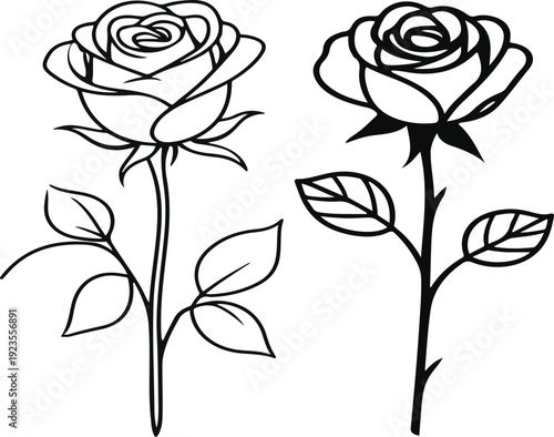  Minimalist natural floral vector sticker of single rose flower with stem and leaves, bold black thick clean outline, pure white background 1