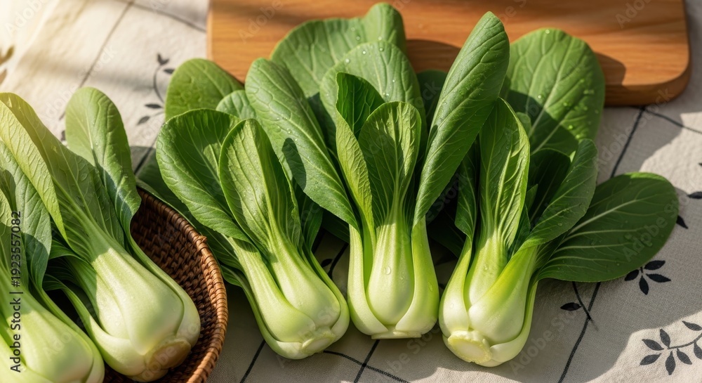 Obraz premium Fresh Bok Choy Bundles Ready for Culinary Use, Showcasing Vibrant Green Leaves and Crisp Stalks
