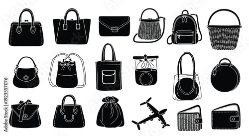 A collection of various black and white illustrations of different types of bags and a wallet, including handbags, backpacks, and clutches.