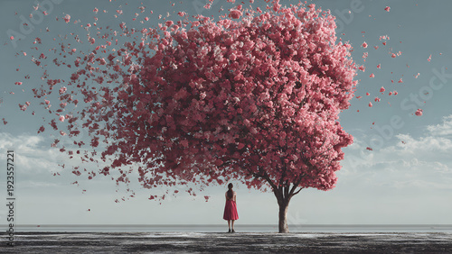 Abstract representation of mind and thoughts dissolving like petals from a tree