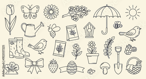A charming collection of hand-drawn spring-themed illustrations, featuring flowers, garden tools, insects, and Easter elements.