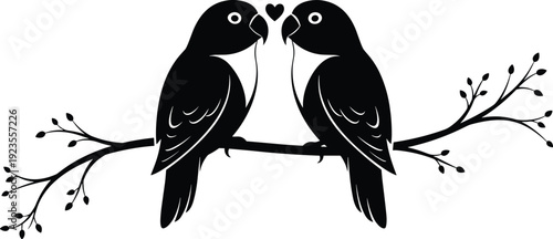 Two romantic lovebirds silhouette sitting on a leafy tree branch with a small heart shape between them, cad drawing flat vector illustration