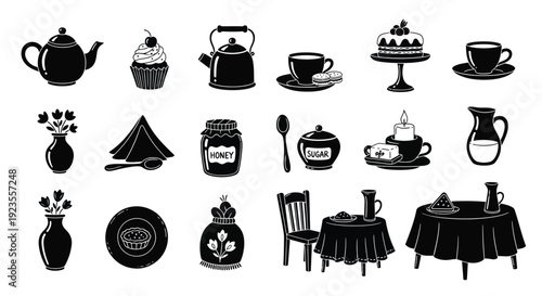 A collection of black and white silhouette illustrations depicting various items associated with tea time and dining, including teapots, cups, cakes, vases, and furniture.