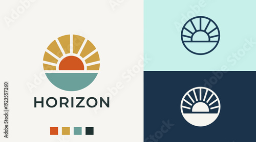 This logo artfully depicts a vibrant horizon featuring a sun above the sea, symbolizing optimism, new beginnings, and a fresh perspective in a balanced aesthetic.