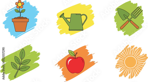 Simple flat outline icons representing essential gardening concepts like blooming potted plants watering cans gardening tools leaves fruit and sun illumination