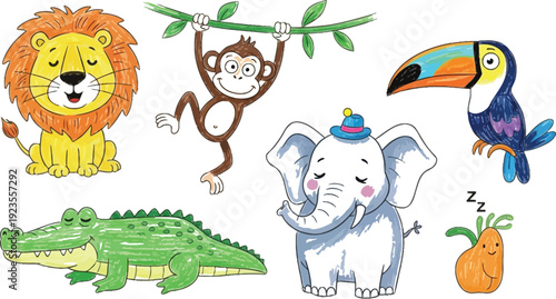 Adorable hand drawn jungle animal collection featuring a happy lion monkey elephant toucan crocodile and sleeping carrot character illustration