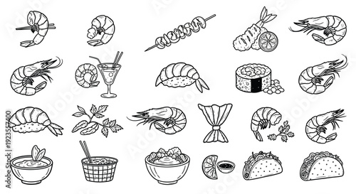 A collection of hand-drawn black and white illustrations depicting various shrimp dishes and related ingredients, including sushi, skewers, tacos, and cocktails.