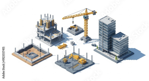 Construction Site Buildings and Crane.