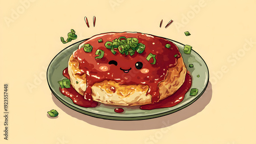 Delightful Winking Pancake Mascot Illustration Drenched in Tangy Red Sauce and Fresh Scallions on a Plate