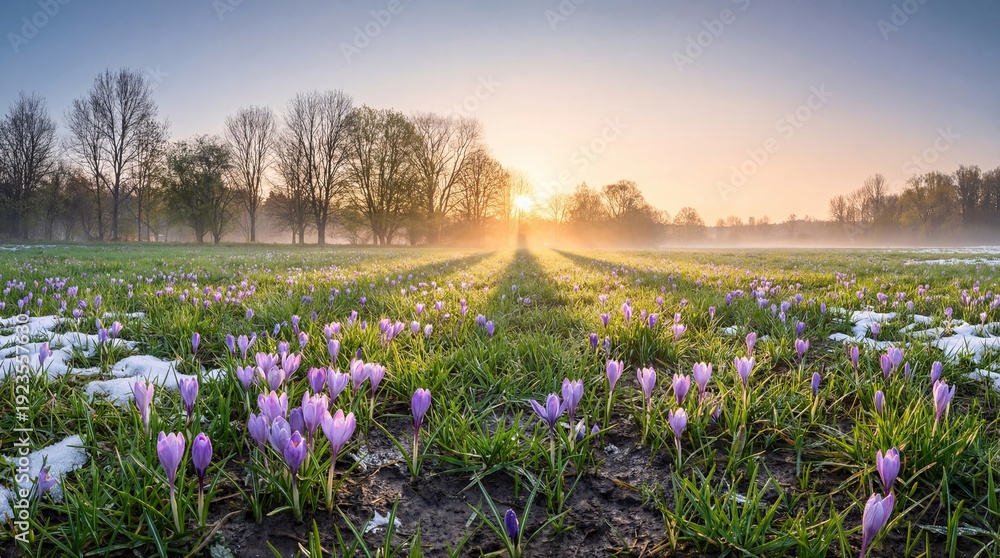 Fototapeta premium Purple crocus flowers blooming in a field with melting snow at sunrise. Spring equinox meadow with golden sun rays and morning mist. First seasonal wildflowers