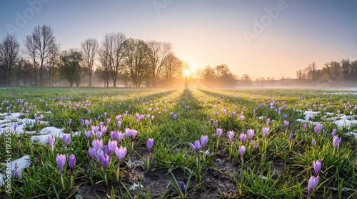 Wallpaper Mural Purple crocus flowers blooming in a field with melting snow at sunrise. Spring equinox meadow with golden sun rays and morning mist. First seasonal wildflowers Torontodigital.ca
