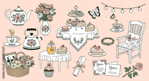 A charming collection of vintage-inspired illustrations depicting a delightful tea party setting with floral motifs, cakes, and decorative elements.