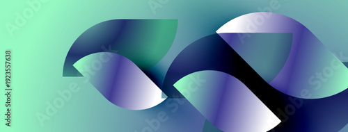 Abstract shapes overlap, creating fluid forms. Teal background complements blue, purple gradients. Modern design evokes movement, energy.