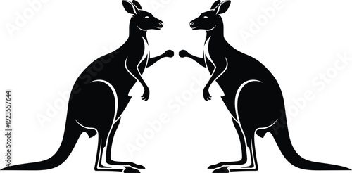 Two Australian kangaroo silhouettes facing each other isolated on white background for wildlife nature design, cad drawing flat vector illustration, animal icon