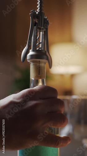 Close-up of hand using corkscrew to open white wine bottle in home interior. Concept of alcohol drink preparation and evening relaxation