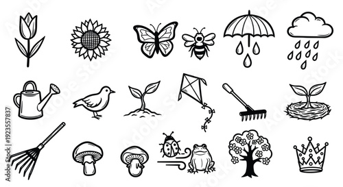 A collection of black and white line drawings representing various elements associated with spring and nature, including plants, animals, weather, and gardening tools.