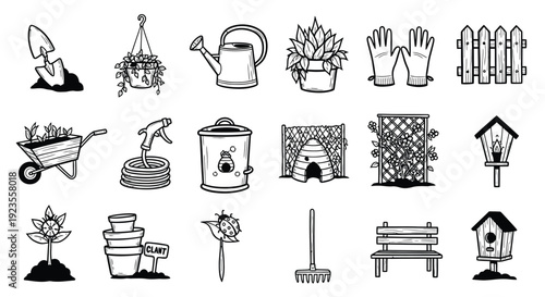 A collection of hand-drawn black and white illustrations depicting various gardening tools and elements, including a wheelbarrow, watering can, rake, fence, and birdhouses.