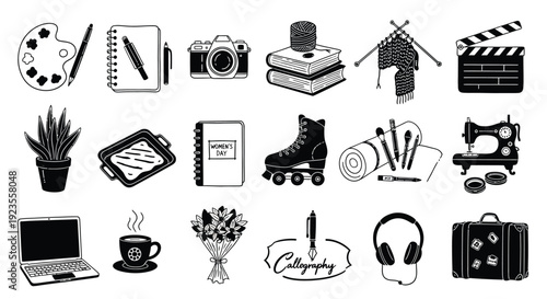 A collection of diverse icons representing various hobbies, activities, and everyday objects, including art supplies, books, technology, and leisure items.