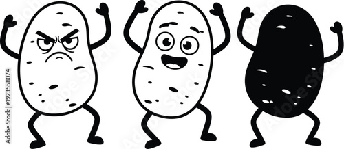 Line art collection of funny potato characters with angry and happy facial expressions and black silhouette isolated on white background vector illustration