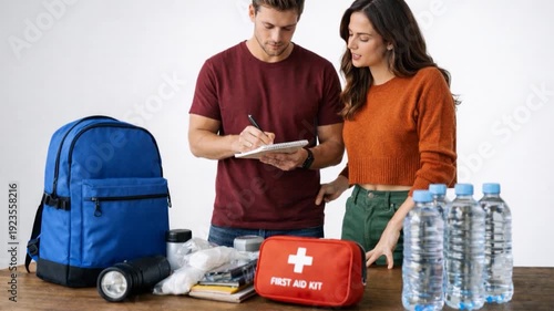 Young couple with check-list packing emergency backpack at home.
