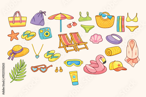 A vibrant collection of colorful cartoon illustrations depicting various summer vacation and beach-themed items, including swimwear, accessories, and relaxation essentials.