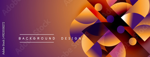 Abstract geometric shapes blend vibrant orange, purple hues. Modern design creates dynamic visual texture. Background features overlapping circles, squares.