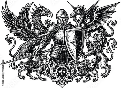Medieval knight in full armor standing powerfully surrounded by mythical heraldic beasts like griffins dragons and lions in a detailed engraving style