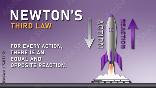 Newton's Third Law of Motion Illustration with Rocket Launch Action and Reaction Concept
