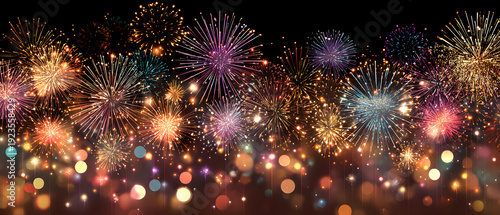 Festive colorful fireworks explode in the night sky with bokeh lights below.