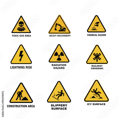Set of nine different yellow warning signs indicating danger areas and hazards