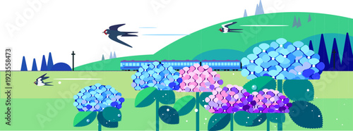アジサイの咲く線路沿いを走る青い列車と空飛ぶツバメの初夏の風景イラスト
