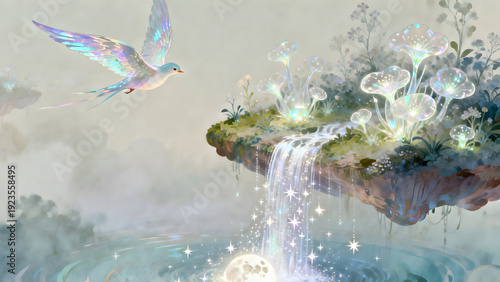 Whimsical Floating Island with Cascading Waterfall and Luminescent Flora, a Dove in Flight
