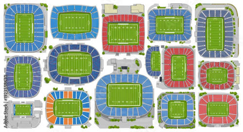 Overhead view of various football stadiums showcasing architectural designs and field layouts.