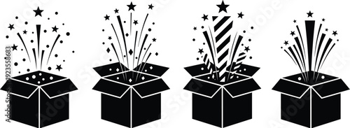 Black silhouettes of open gift boxes with stars and sparkles bursting out isolated on white background for surprise celebration and birthday designs