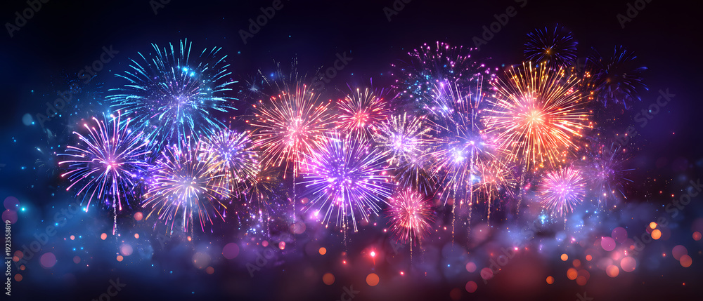 Fototapeta premium Vibrant fireworks burst in a dazzling nighttime display of light and color.