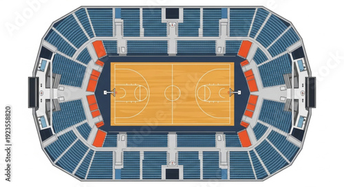 Aerial view of a basketball arena showcasing seating arrangements and court design.