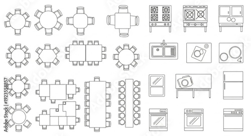 Detailed architectural blueprints showcasing various furniture and kitchen appliance layouts for design.