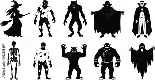 Black silhouettes of Halloween monsters including a witch zombie werewolf vampire skeleton and ghost isolated on white background for spooky seasonal holiday designs
