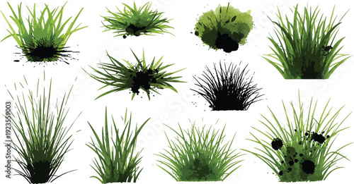 Collection of vibrant green watercolor grass clumps and dark silhouette patches providing nature design elements for artistic illustration projects
