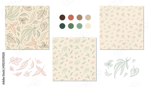 Scattered leaf seamless patterns. Minimal botanical line art background set