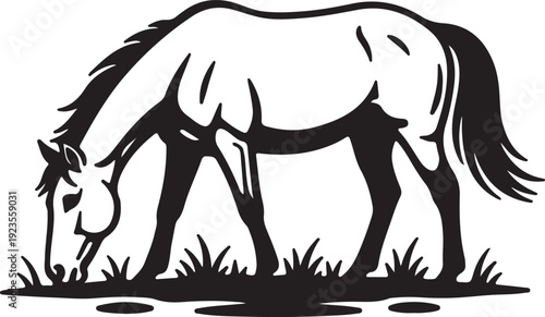 Wild horse grazing in open field, bold silhouette, slightly windswept tail, strong outline vector. in silhouette