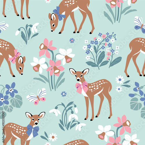 Cute woodland deer and spring flowers. Hand drawn floral background. Seamless vector pattern with fawn and butterfly.