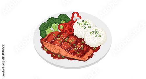 Illustration of a plate of food with salmon, rice, broccoli, and chili peppers on a white background.