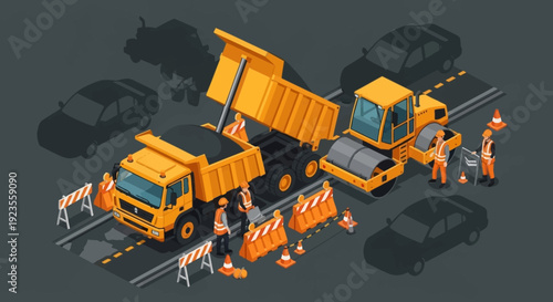 Isometric illustration of road construction workers with yellow trucks and equipment on a busy highway with cars passing by.