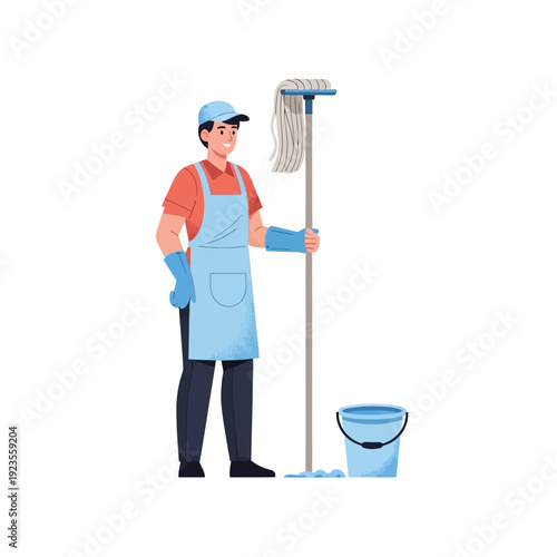 Smiling cleaner man with mop and bucket, ready for janitorial work