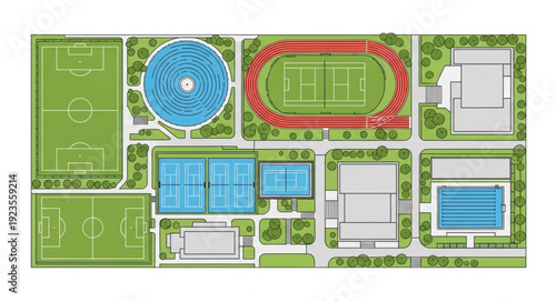 Aerial view of a sports complex with various fields and facilities.