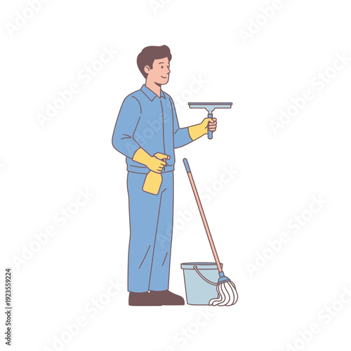 Professional cleaner in blue uniform with cleaning supplies, ready for work