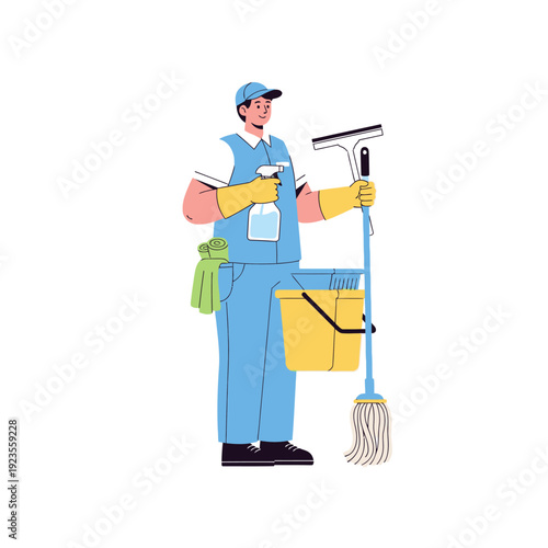 Professional cleaner in uniform with cleaning tools, ready for work