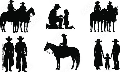 Black silhouettes of cowboys and cowgirls riding horses and standing together in western outfits isolated on white background for country life designs