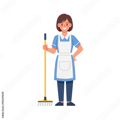 Smiling cleaner woman in uniform holding a mop, ready for housekeeping duties